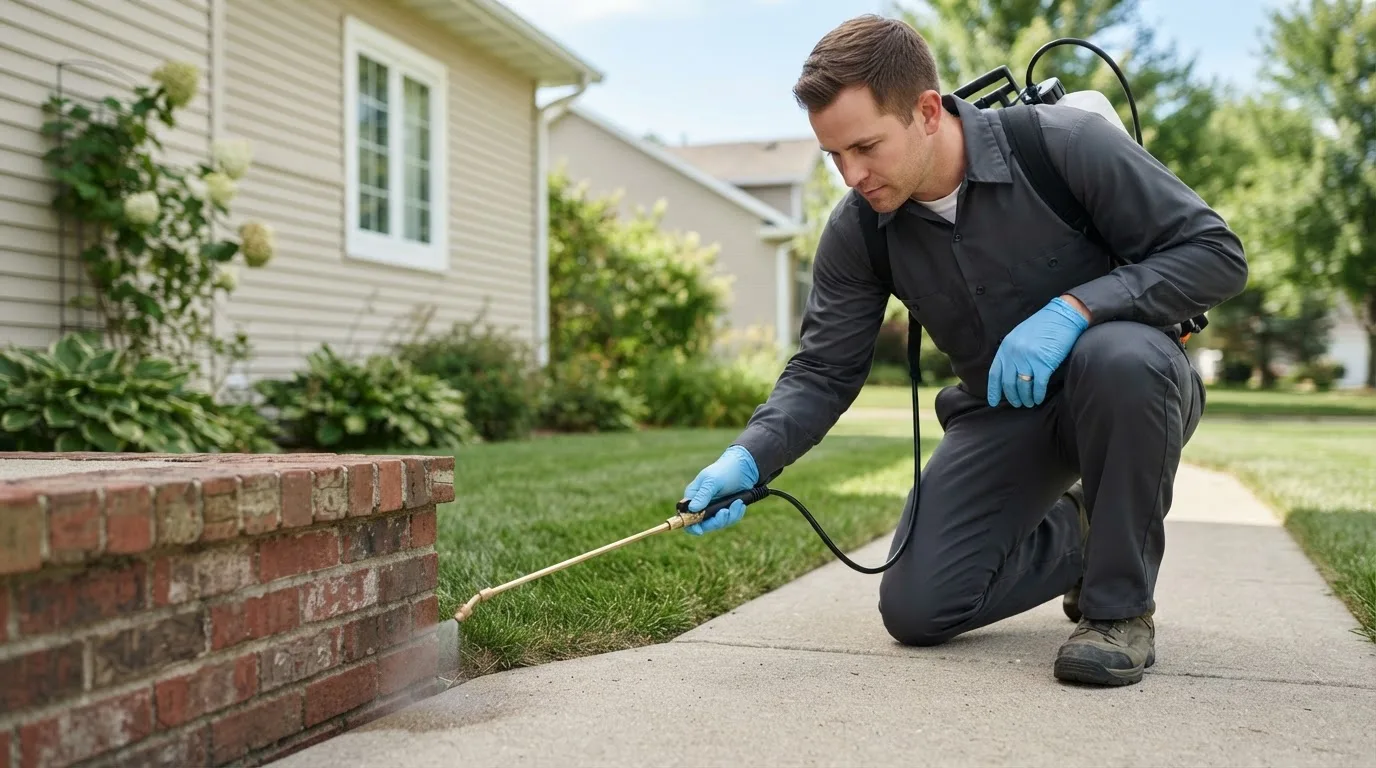 Pest control technician treating a home near What Cheer, IA