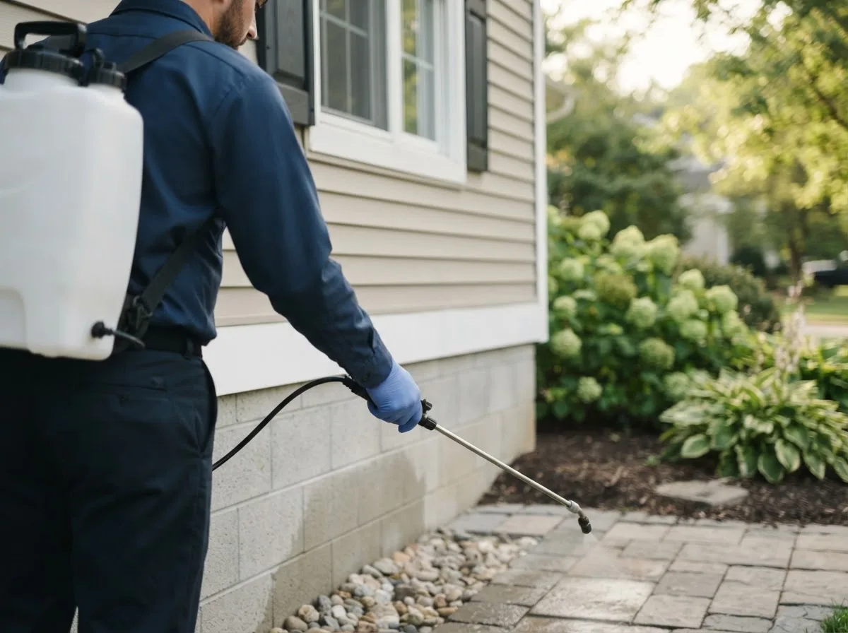 Pest control technician inspecting a home in What Cheer, IA